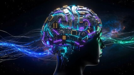 Futuristic AI brain interface with glowing neural network, embodying advanced technology and consciousness in a cosmic backdrop