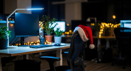 Oficina moderna de noche con gorro de Papá Noel en silla de trabajo, teletrabajo y ambiente navideño corporativo