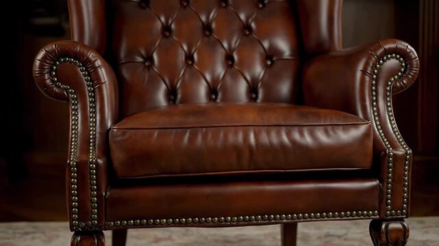 Elegant chestnut leather wingback armchair in a chesterfield style. Featuring a timeless button tufted design and antique metal studs, this chair exudes vintage charm