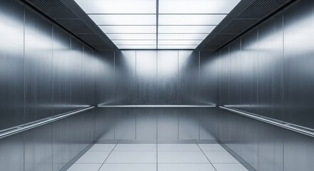 Symmetrical view inside a modern elevator cabin with stainless steel walls and tiled floor.