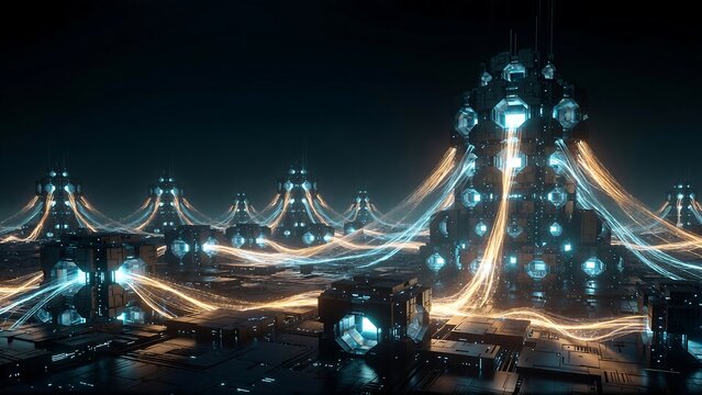 Futuristic data center with glowing connections conveying powerful technology solutions and modern digital infrastructure