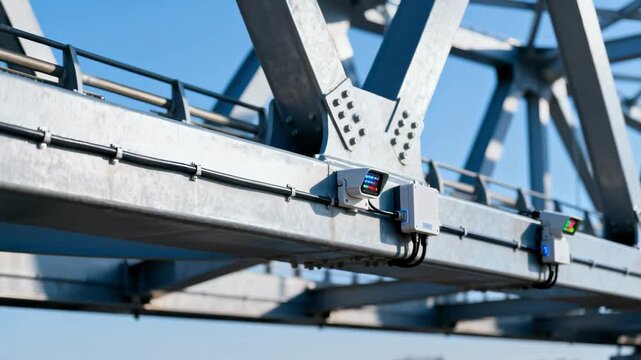 Medium shot of IoT sensor networks collecting structural integrity data on a modern bridge with visible sensor devices and connection hubs.