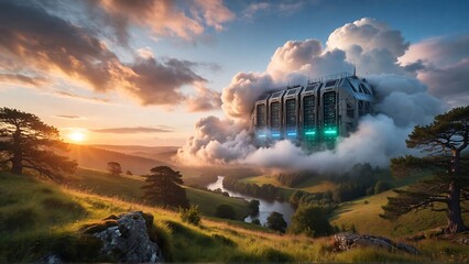 Stunning futuristic server farm nestled in lush green hills at sunset, dynamic cloudscape, innovative technology concept