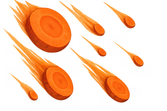 Carrot slices falling like asteroids, creating a surreal food pattern on transparent background