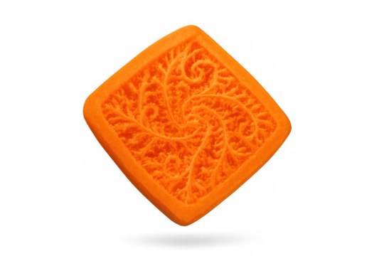 Orange square cookie with embossed textured swirl pattern and intricate details, isolated on transparent background