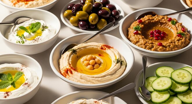 Food: Mediterranean meze platter with hummus olives and yogurt dips