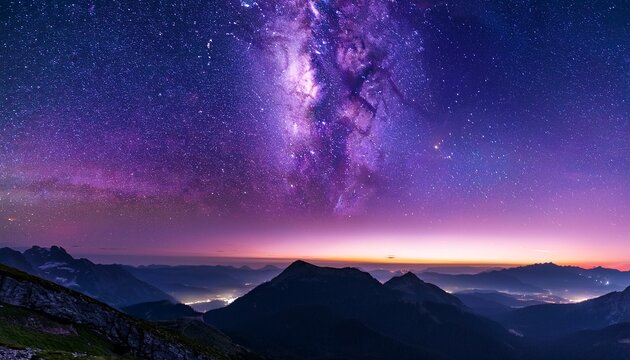 Purple Night Sky Stars Milky Way Galaxy Across Mountains Starr