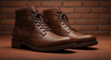 Brown leather boots on dark surface against a brick wall