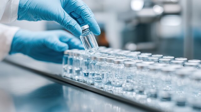 Laboratory technician handling medicine vials on production line for quality control