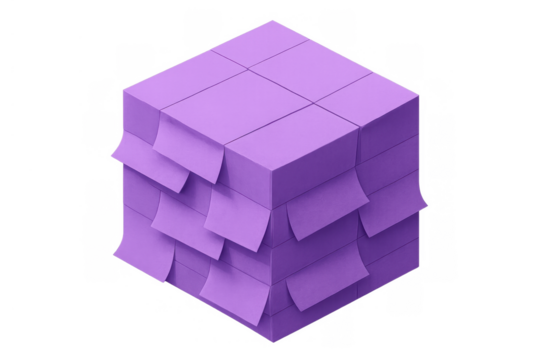 Purple sticky notes forming a large cube, visualizing organization, memory, tasks, and creative ideas on transparent background