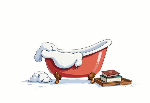Illustration of a Vintage Red Bathtub Filled with Bubbles and Soap, Next to a Wooden Tray Holding Books on a White Background