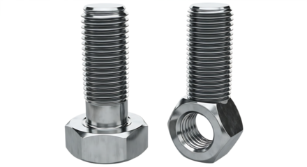 Two metal bolts with visible threads and a nut on a black background in a studio setting close up