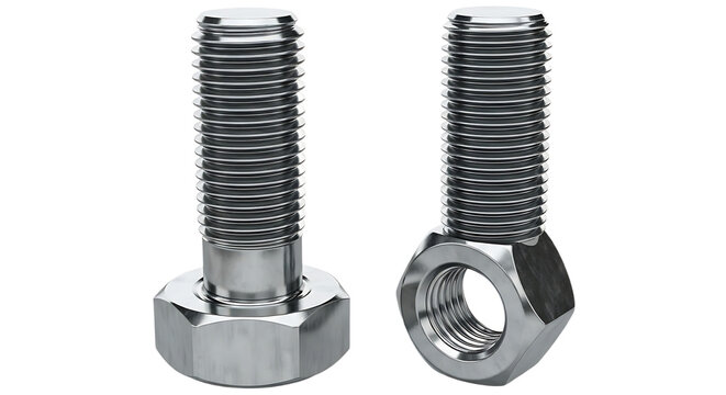 Two metal bolts with visible threads and a nut on a black background in a studio setting close up - Powered by Adobe