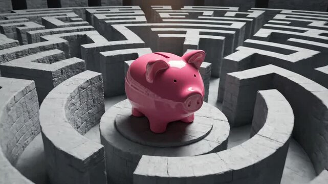 Pink ceramic piggy bank sitting in center of complicated grey concrete labyrinth symbolizing financial challenges and difficult economic savings strategy for business investment and retirement plannin