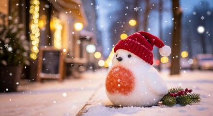 Snowy animal with red hat sitting on snowy street during winter evening  