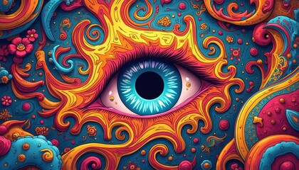 Psychedelic abstract art features large blue eye within vibrant swirling colorful patterns. Groovy retro design elements fill the background. Funky patterns suggest a trippy vibe.