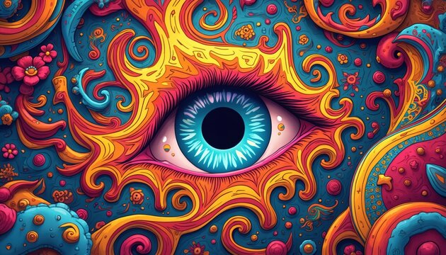 Psychedelic abstract art features large blue eye within vibrant swirling colorful patterns. Groovy retro design elements fill the background. Funky patterns suggest a trippy vibe. - Powered by Adobe