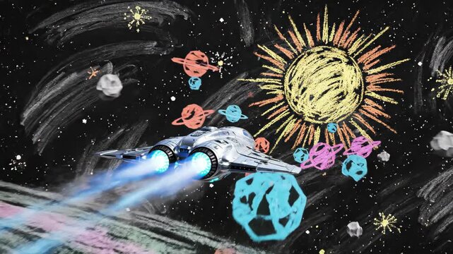 Colorful childlike crayon drawing on black background featuring rocket ship flying past yellow sun and planets symbolizing creative kids imagination and school space exploration education concepts