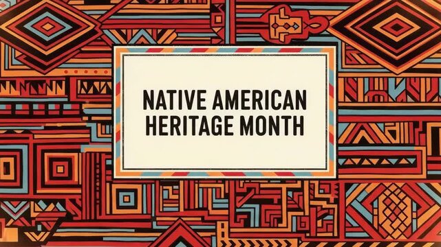 "native american heritage month" text on vibrant background with traditional tribal patterns. colorful geometric ornament celebrating indigenous culture. banner, poster, greeting card.