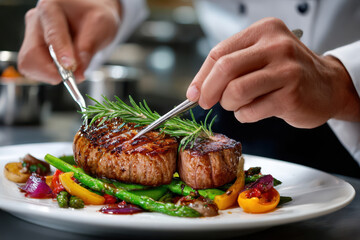 Chef plating grilled steak with vegetables in upscale restaurant kitchen during dinner service