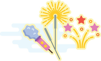 A cartoon of fireworks and a firecracker with a star in the background