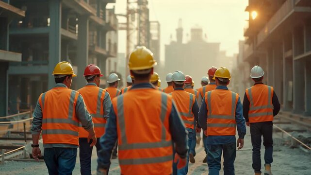Construction workers walk towards the job site at sunset with helmets and safety vests