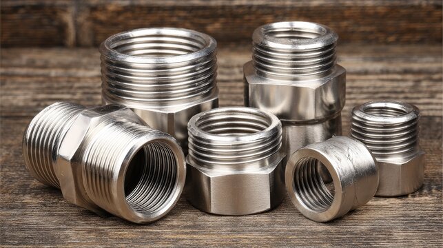 Assortment of metallic threaded pipe fittings rests upon a distressed wooden surface