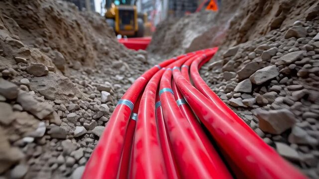A red wire is laying on the ground in a muddy area. The wire is long and is surrounded by dirt
