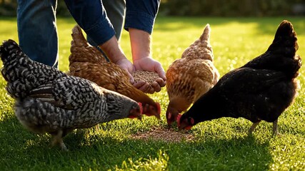 Farmer's hands spreading grain across the vibrant green pasture for a group of eager hens. A bright and sunny day on an environmentally conscious poultry farm practicing sustainable agriculture