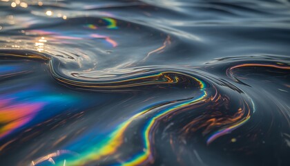 Obraz premium Stunning iridescent oil slick with rainbow colors shimmering on the water's surface for environmental awareness concepts