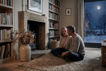 Quiet winter evening: mature couple silently writing on handmade paper by fire, dried flowers, books, moonlight and snow