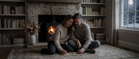 Quiet winter evening: mature couple silently writing on handmade paper by fire, dried flowers, books, moonlight and snow