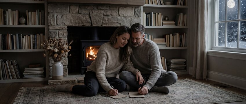 Quiet winter evening: mature couple silently writing on handmade paper by fire, dried flowers, books, moonlight and snow
