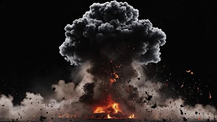 Intense fiery explosion with a large smoke cloud on a black background - Powered by Adobe