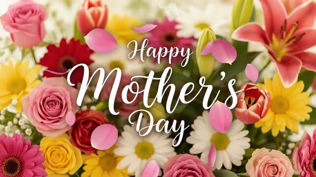 A vibrant, close-up composition showcasing a beautiful, abundant bouquet of diverse, colorful flowers including roses, lilies, gerberas, and daisies. The elegant, script text "Happy Mother's Day" is g
