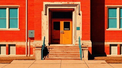 Symmetrical entryway of a vibrant red brick structure features a bright yellow door approached by stone steps.