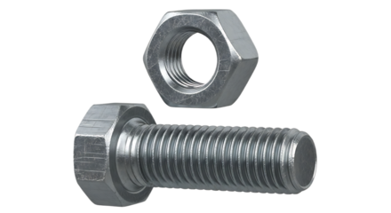 Close up of a silver metal bolt with visible threads and a nut on a black background in sharp focus
