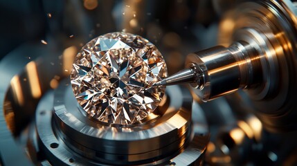 Diamond Cutting Process: Close-up of a Round Brilliant Cut Diamond Being Polished by a Precision Machine for Jewelry Making