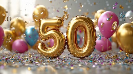 Golden Number 50 Foil Balloons with Colorful Confetti and Balloons for a Festive Fiftieth Birthday Celebration or Anniversary Event