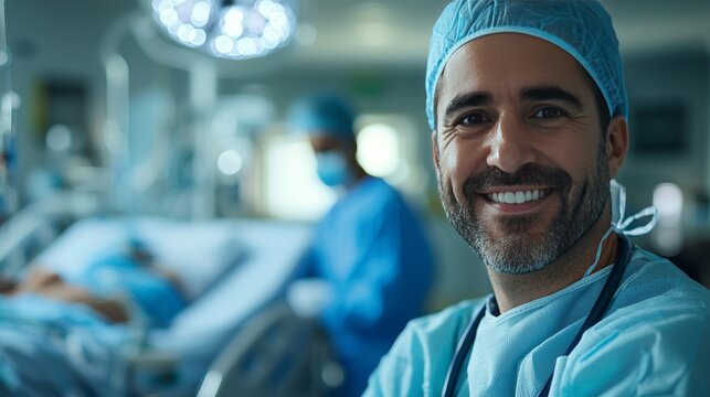 Portrait of a Smiling Surgeon in Operating Room, Confident Doctor Wearing Scrubs and Cap, Medical Professional with Stethoscope, Healthcare Setting with Patient in Background