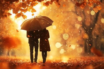 Partners walking beneath autumn umbrella