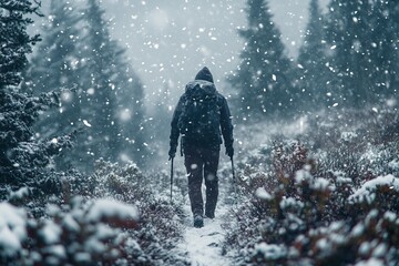 Adventurer trekking through snowy mountain storm