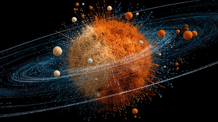 A swirling nebula of glowing data-like dots forming a dynamic sphere of energy, visualizing machine learning and data analysis through motion, particles, and digital flow.