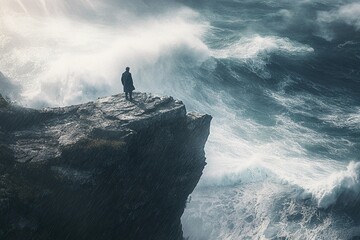 Man standing on cliff overlooking ocean