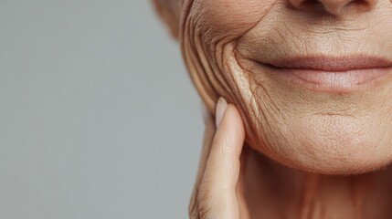 Mature woman gently touches deep facial lines near her mouth area