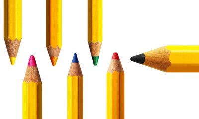 Assorted sharpened yellow pencils with colorful tips isolated on white background or transparent png