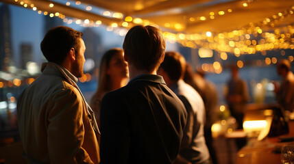 Companions standing under illuminated strings on rooftop faceless friends defocused evening background elevated gathering scene urban social moment nighttime celebration
