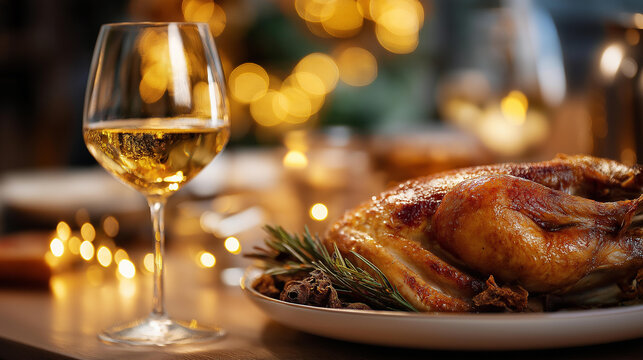 Warm inviting thanksgiving meal featuring roasted poultry wine and festive ornaments defocused holiday background family gathering celebration seasonal dinner display festive