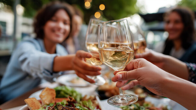 Cheerful toast of companions celebrating together at festive meal assembly faceless friends defocused dinner background joyful gathering moment celebratory dining scene with