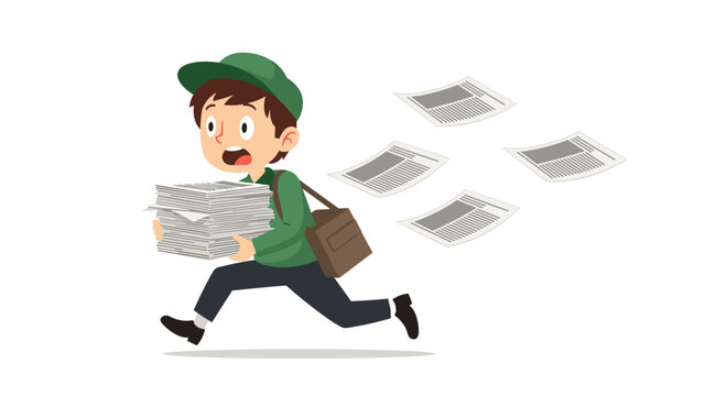 Stressed cartoon paperboy in a green outfit running in a hurry while holding a stack of newspapers with some flying away.